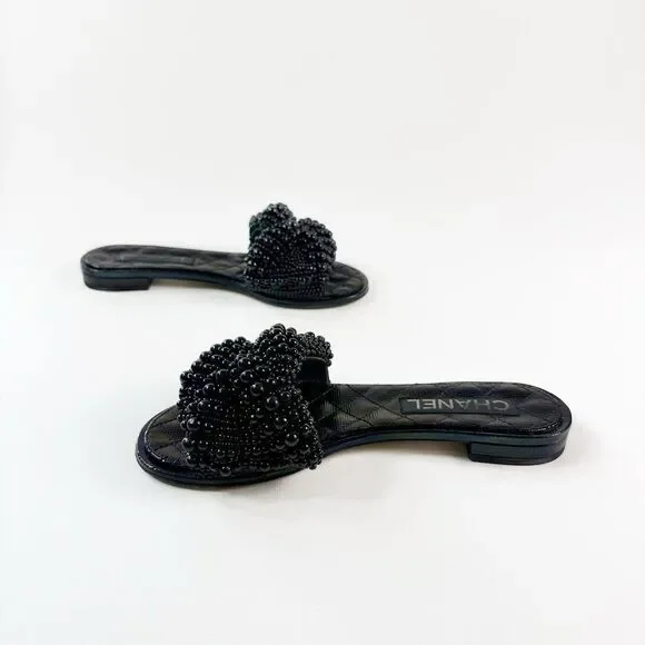 CHANEL Black Fantasy Pearl Cord Sandals Size 37 Mules Open Toe Slides CC Flat - Picture 8 of 12